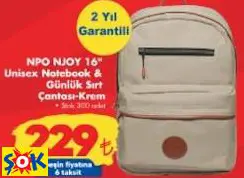 NPO NJOY 16 UNİSEX NOTEBOOK & GÜNLÜK SIRT ÇANTASI-KREM